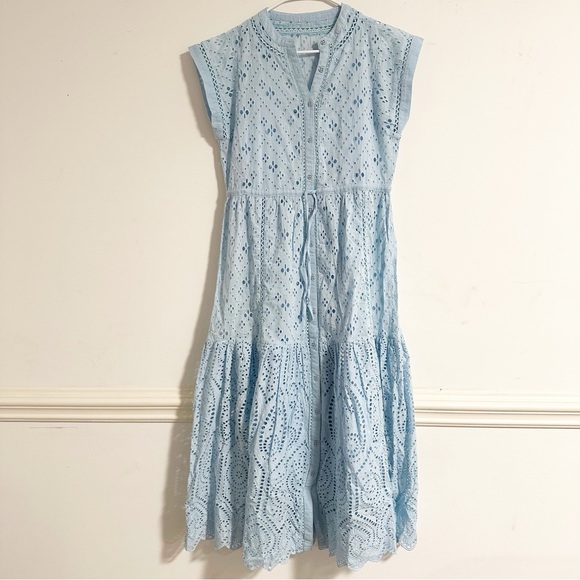 Sundance Astoria Eyelet Blue Buttoned Ruffled Cap Sleeve Tiered Midi Sun Dress - Picture 2 of 13
